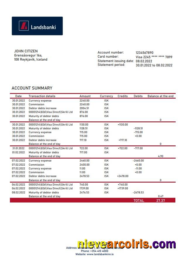 Iceland Landsbankinn bank statement